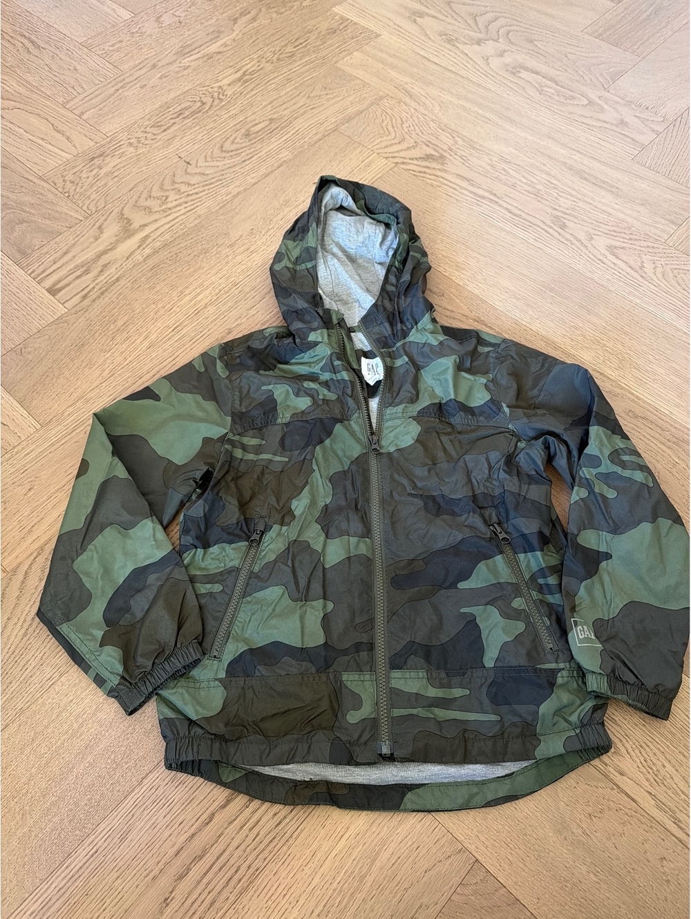 Gap Kids Boys Size M Green Camo Hooded Windbreaker Jacket Full Zip, EUC